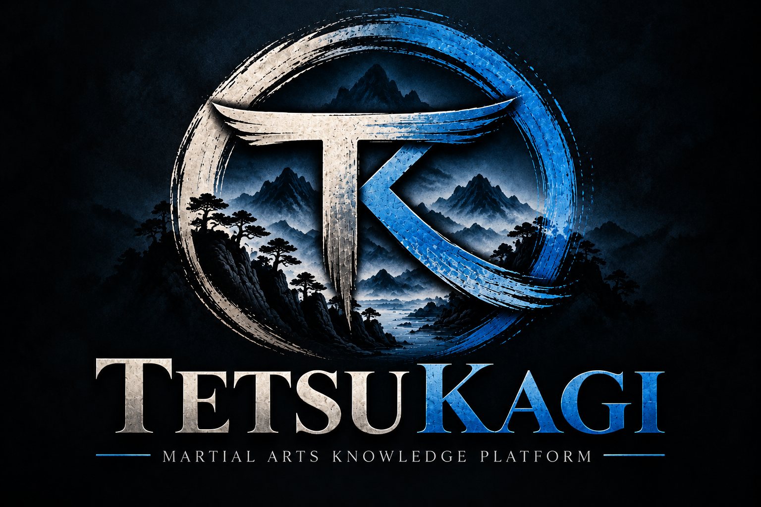 Tetsu Kagi: the T and K monogram inside an ensō, over a misty mountain landscape. Martial Arts Knowledge Platform.